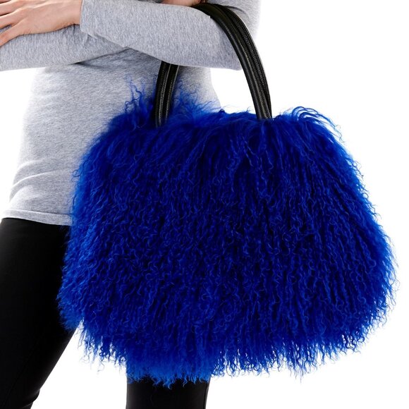 New Blue Mongolian Lamb Fur Hand Bag - Picture 2 of 11